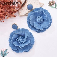 XUESHAN Denim Blue Fabric Earrings, Handmade Exaggerate Blue Rose Earrings, Ornament Denims Flower E