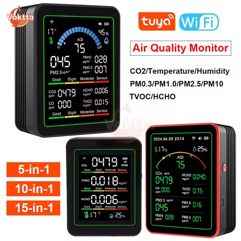 Tuya WiFi Air Quality Monitor CO2 Meter TFT Display PM0.3 PM1.0 PM2.5 PM10 HCHO Tester Temperature H