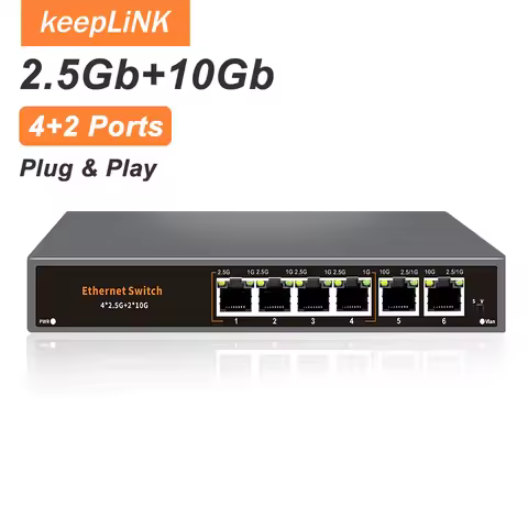 KeepLiNK 6-Port Multi-Gigabit Unmanaged Network Switch 4 X 2.5Gb RJ45 + 2 X 10Gb RJ45 for High-Speed
