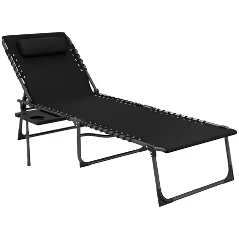 Folding Chaise Lounge Chair Outdoor Tanning Chair with Side Table, 5-Level Adjustable Beach Lounge C