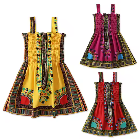 African Spaghetti Strap Dress Kente Print Ankara Kid Girls Summer Traditional Boho Cold Shoulder Sle