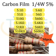 Resistor 0.25W 5.1ohm, 51ohm, 510ohm, 5.1Kohm, 51Kohm, 510Kohm, 5.6, 560R, 5.6K, 56K, 560K ohm 1/4W 