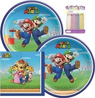 Super Mario Brothers 9" Plates and Luncheon Napkins - Super Mario Party Supplies Pack - For Kids - Durable, Leak Proof, Cut Resistant - Includes Birthday Candles