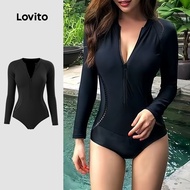 Lovito Sporty Onepiece Swimsuit Hollow Spring/summer Black Onepiece Swimsuit for Women LNE130060 Lov