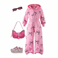 Girls' Casual Everyday Sports Pink Bow Print Long Sleeve Hooded Zip-Up Jumpsuit, Comfortable Waist-C