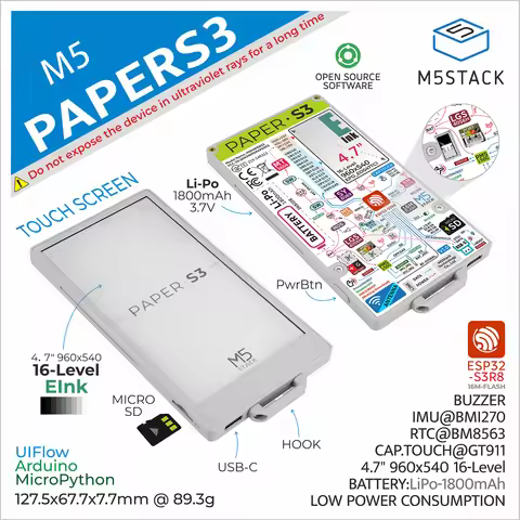 M5Stack Official M5Papers3 ESP32S3 Development Kit(960X540, 4.7" elnk display, 235 ppi)