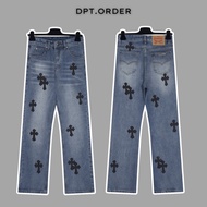(Best quality) Chrome Hearts Blue Logo Embroidered Leather Jeans