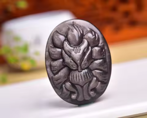 Natural Silver Obsidian Handmade Carved Nine -tailed Fox Pendant Boutique Jewelry Men and Women Fox 