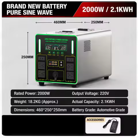 2000W Portable Power Station 2.1kWh Battery 220V Pure Sine Wave Solar Generator for Camping Emergenc