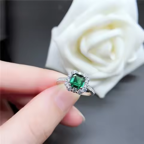 Vintage Solid White Gold AU585 Ring 1CT Emerald Diamond Engagement Ring Women Love Promise Jewelry G