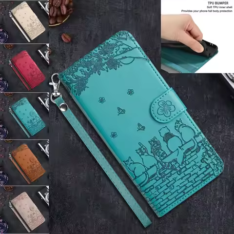 Wallet Cat Embossed Card slot Flip Leather Case For Xiaomi Redmi 14C 13C 12C Note 14 13 12S 11S 11 P