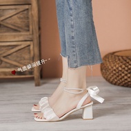 Giày Sandal Cao Gót Nữ SIZE 35-43 VNKS68 Đế Vuông Quai Ngọc Thắt Nơ 7P hai màu đen trắng sang trọng
