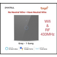 SMATRUL 1 Gang Grey Smart Switch WiFi Smart Touch Wireless Switch Light RF 433MHz Tuya No Neutral Wi