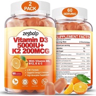 2Packs Vitamin D3 K2 Gummies for Adults, Sugar-Free Vitamin D3 5000IU + K2(MK-7) 200mcg Supplement w