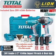 TOTAL Li-ion Combo Kit w/ Brushless Impact Wrench (850Nm) & Heat Gun + Battery (2 Pcs) + Charger + C