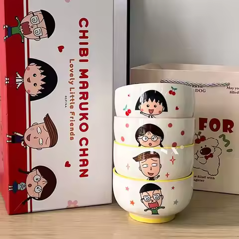 4Pcs Kawaii Chibi Maruko-Chan Anime Hobby Cartoon Ceramic Breakfast Bowl Household Rice Bowl Round R