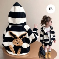 ( TOP2969) Girls' sweat jacket hoodie jacket top - striped - white white black black