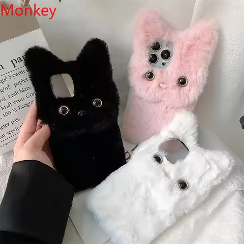 3D Cute Plush Cat Case For Oneplus 11 10 Pro 9 8 7 5 3 One Plus 11R 8T 7T 6T 5T Nord 2 N10 Furry Flu