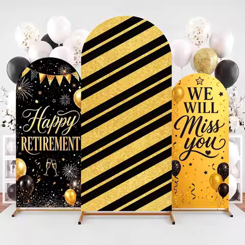 Custom 2-sided Happy Retirement Arch Backdrop Cover Black Gold We Will Miss You Background Coworker