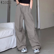 Esolo ZANZEA กางเกงเอวยางยืดขายาวทรงหลวมมีเชือกผูกคาร์โก้สีทึบมีกางเกงรูปโคมไฟ #10