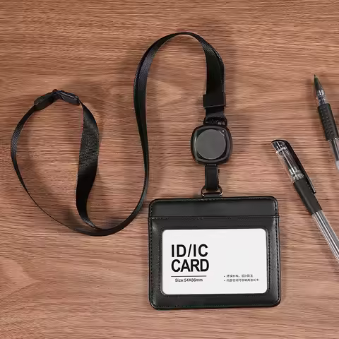 Retractable Credential Holder Genuine Leather Card Holder Pendant for Cards Adjustable Lanyard Emplo