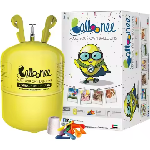 Balloonee Standard Disposable Helium Tank 7.5 Cu Ft - 30 Assorted Latex Balloons Pump Kit for Home B