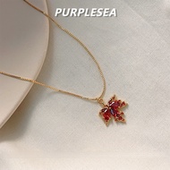 Necklace Maple Leaf Red Zircon Pendant Necklace for Woman 14K Gold Plated Maple Leaf Necklace Korean