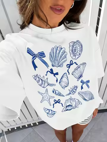 Camiseta de talla grande para mujer con estampado de conchas de mar azul y lazos para la moda de ver