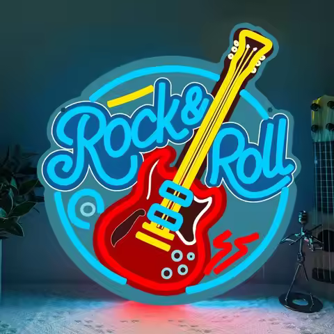 Rock and Roll Live Music Neon Signs Cool Guitar LED Neon Lights for Music Studio Bedroom Party Bar M