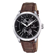 [Creationwatches] Festina Retro Leather Strap Multifunction Black Dial Quartz F16573-4 Mens Watch