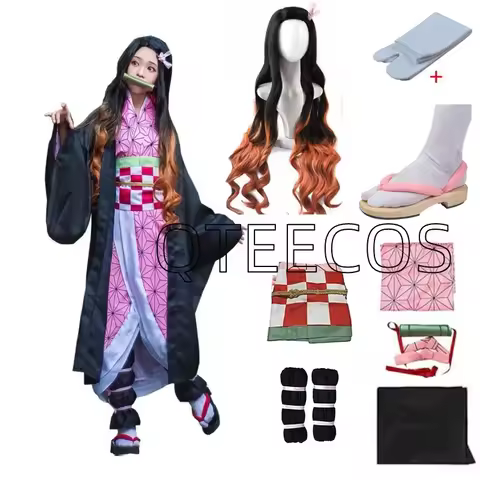 Demon Slayer Kamado Nezuko Cosplay Halloween Costume Party Clothes Anime Kimetsu No Yaiba Outfit Wig