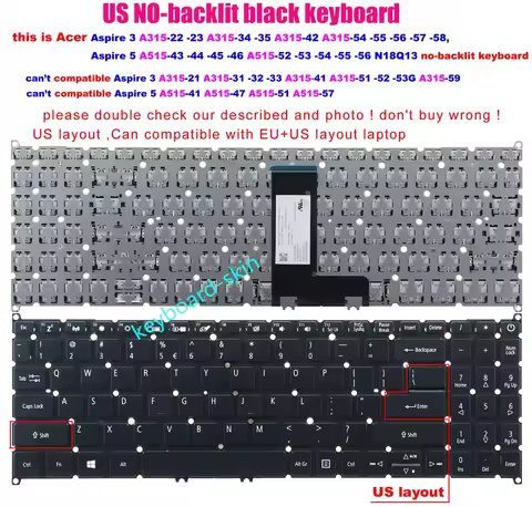 New US NO-backlit without frame Keyboard For Acer Aspire 3 A315-54 A315-54G,Aspire 5 A515-52 A515-52