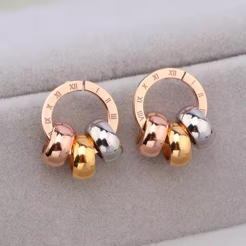 Trendy Rose Gold Color Roman Numerals Stainless Steel Stud Earrings For Women Girls Brand Best Jewel