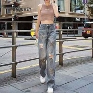 DaDuHey Women's Machine Embroidery Thin High Waist Jeans Ripped Rhinestone Loose Slimming and Straig