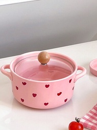 1入組粉色帶雙耳心形拉麵碗，浪漫可愛甜美風格，獨特設計的陶瓷餐具適用於家庭聚會，微波爐和洗碗機安全。注意：不適用於電磁爐或明火。