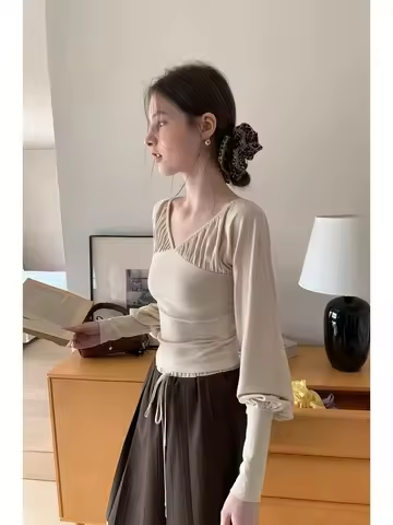 V Neck Ruched Blouse Women - Cuffed Sleeve Slim Fit Short Top, Y2K Elegant Long Sleeve T-Shirt, Spri