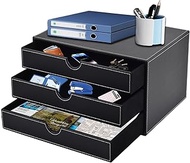 XNONE Home Office Desktop Desk Drawer Box with 3 Closed A4 Compartments, PU Leather Drawer Box, Jewe
