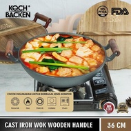 Super Sale! KOCH&BACKEN Cast Iron Wok Flat Bottom With Wooden Handle and Lid - Wajan Penggorengan Pa