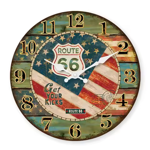 Creative Retro No. 66 Highway Pattern Wooden Wall Clock Living Room Bedroom Kitchen Home Decoration 