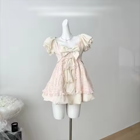 Sweet Lolita Bow Lace Dress Women Puff Sleeve Ruffle Layered Skirt Princess Style Vintage Cottagecor