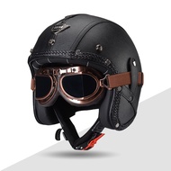 2024 Vintage Leather 3/4 Open Face Motorcycle Helmet With Goggle Retro Jet Scooter Helmet For Vespa 