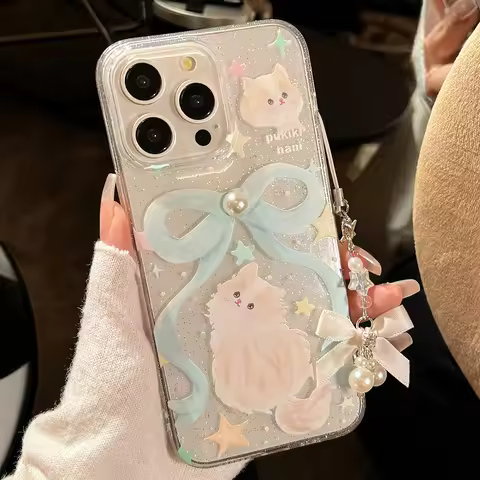 Cartoon Cat Case for iPhone 11 12 13 14 Plus 15 Pro MAXS Pearl Phone Case Shiny Bow Lanyard Shockpro