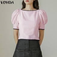 VONDA เสื้อผู้หญิงสีตัดกันเสื้อยืดคอกลมที่สง่างามแขนพัฟที่เรียบง่ายเสื้อด้านบนสีพื้น (ดอกไม้เกาหลี)
