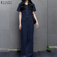 Celmia ZANZEA ชุดสองชิ้นเสื้อคอกลมเสื้อบางแขนสั้นทันสมัยสำหรับผู้หญิง #0519