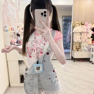 กางเกงยีนส์ทรงเข้ารูปเอวสูง สไตล์ Y2K หวาน ใส่ไปเที่ยวชายหาด กางเกงขาสั้นแบบมีสายคล้องไหล่ ผ้าเดนิม