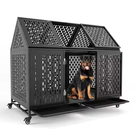 52in Heavy Duty Dog Crate XXL Kennel Open Roof Tray Wheels Escape-Proof High Anxiety Giant Dogs, Cus