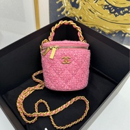 Chanel香奈兒 22a手柄粉色 粗花毛呢 飯盒包水桶包野餐包