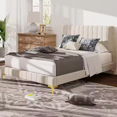 Upholstered Bed Frame Queen, Velvet Bed Frame Queen Size Bed Frame with Headboard, Boho Bedframe Mat
