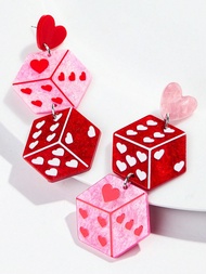1 Pair Fashionable Acrylic 3D Geometric Dice Dangle Earrings, Colorful Holographic Design, Suitable 