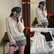 Women's White Floral Lace Blouse 247Jomate Gentle Korean Round Neck Long Sleeve Blouse Aorenhoa552_P